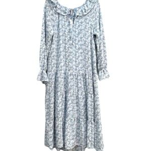 Maxi Dress Drop Waist Tiered Skirt Sheer Lined Long Sleeved Blue Floral
